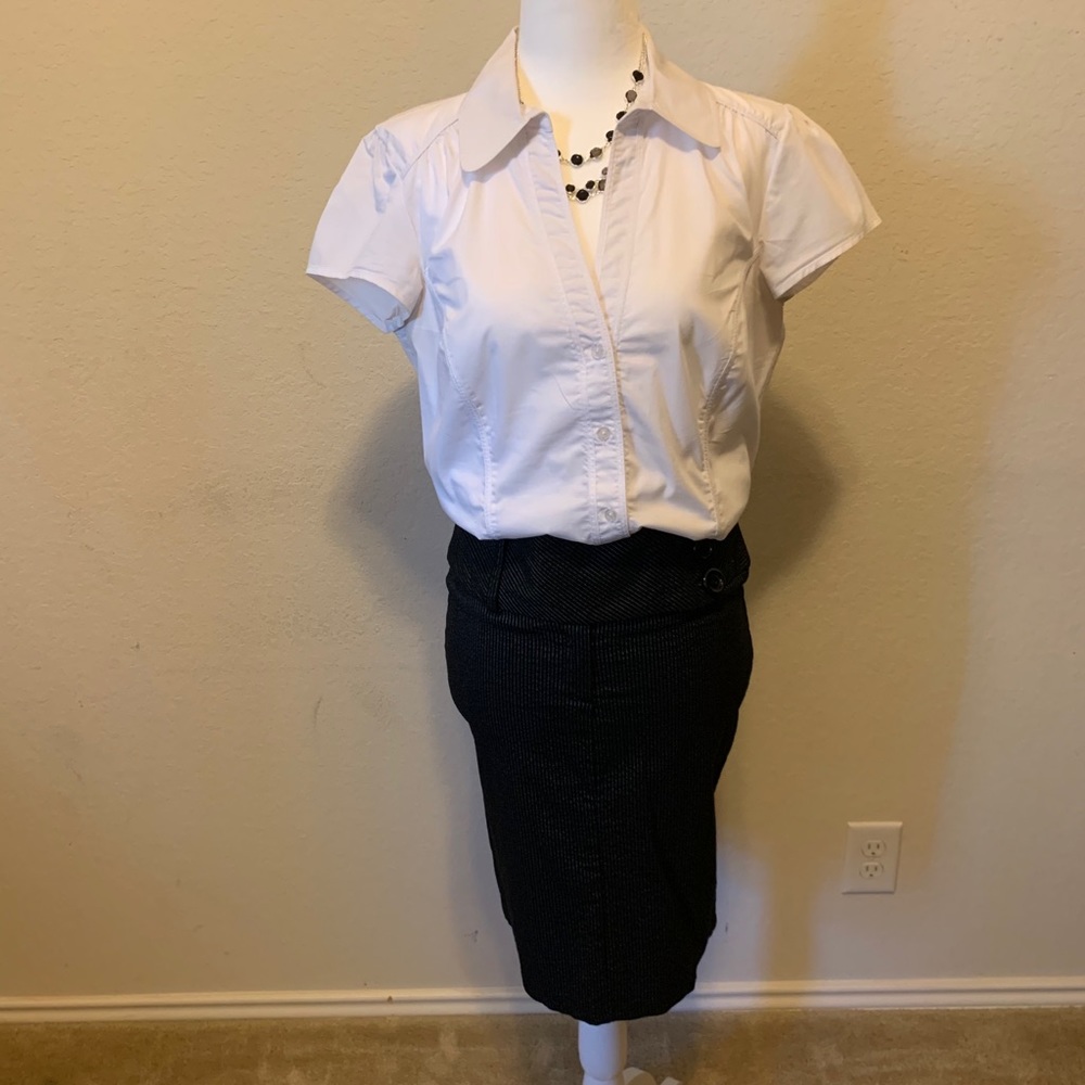 White shirt with black and white pencil skirt
